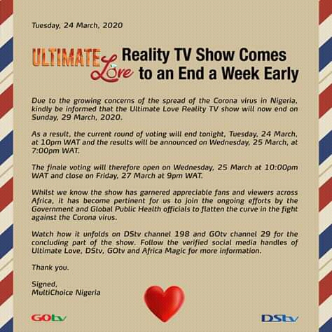 Ultimate Love to End 29 April, 2020 due to Corona Virus