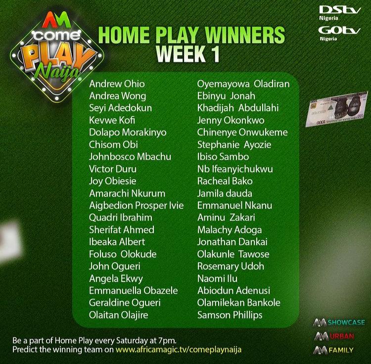 List of 40 Winners of Come Play Naija Week 1 as Team Purple won