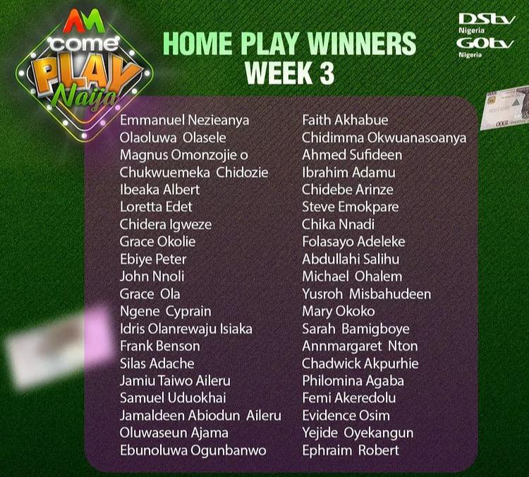 List of 40 Winners of Come Play Naija Week 3 as Team Magenta won